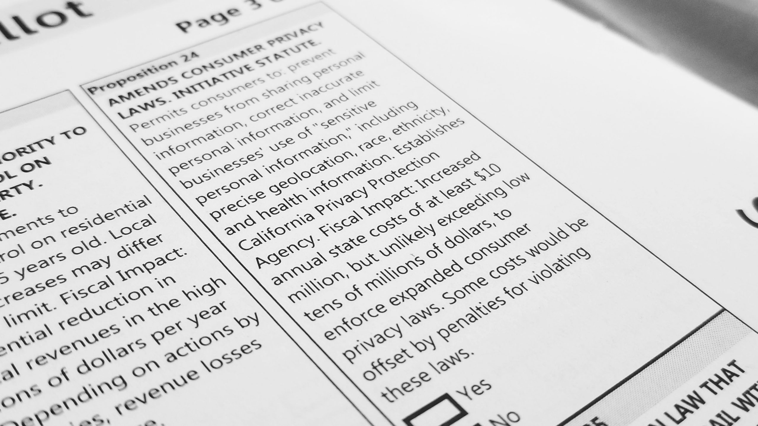 Offset angled photo of Proposition 24 from the 2020 California Voter's Guide