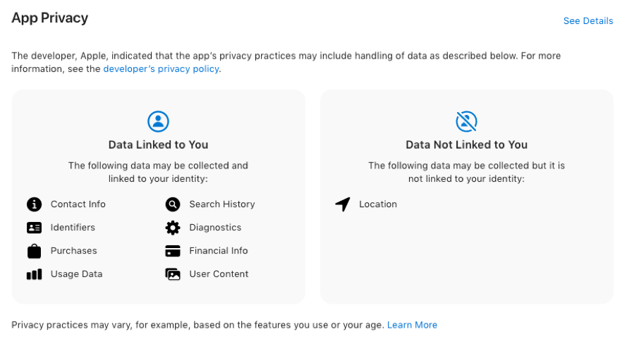 Screenshot of the privacy labels for the Apple App Store application.